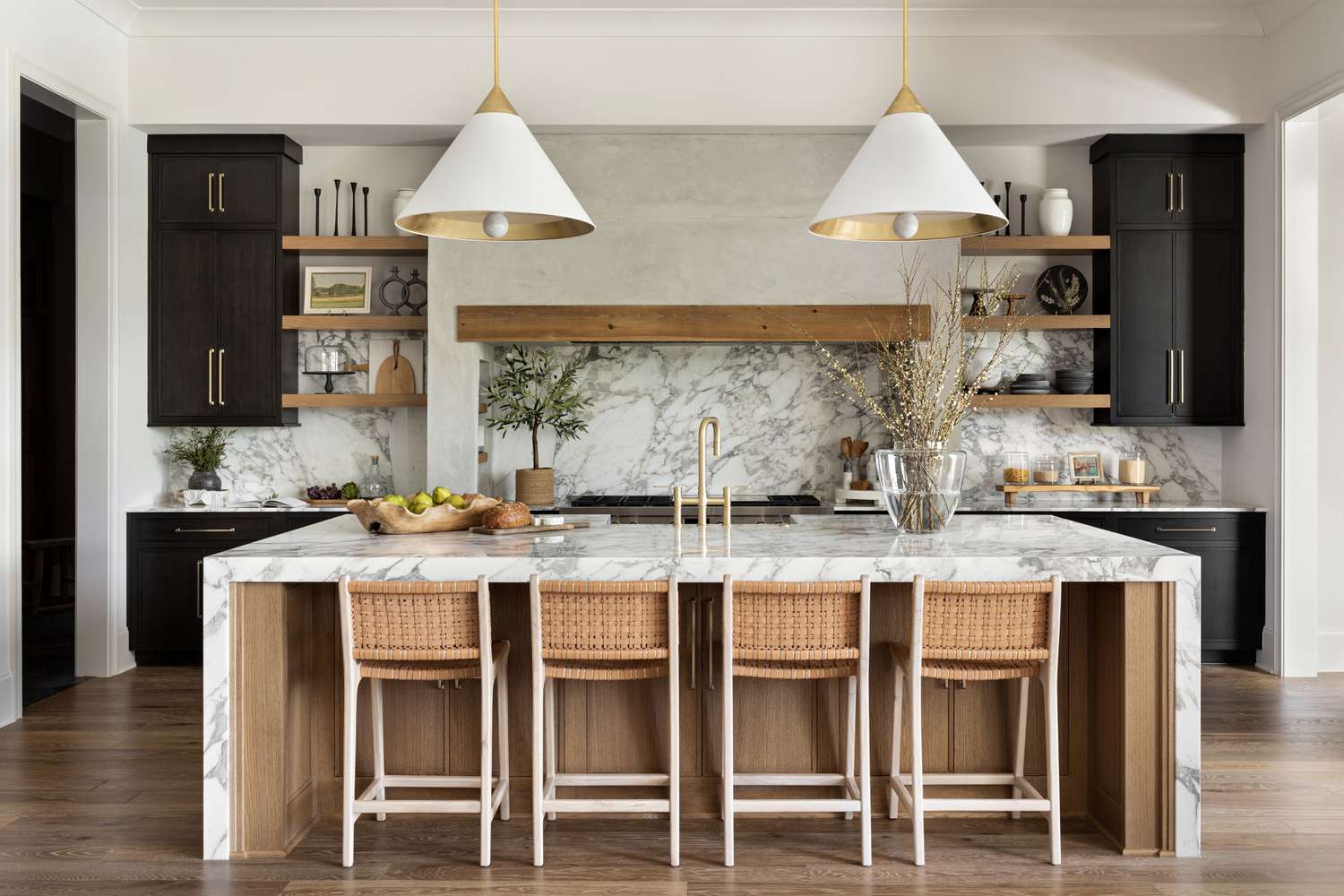 Kitchen with quartz countertops and bold backsplash